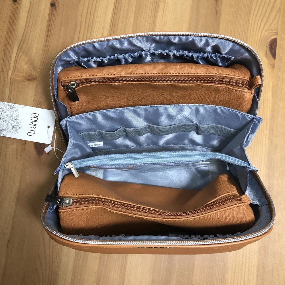 BOYATU Cosmetic Travel Makeup Toiletry Tote Bag Set of 3 Brown Waterproof